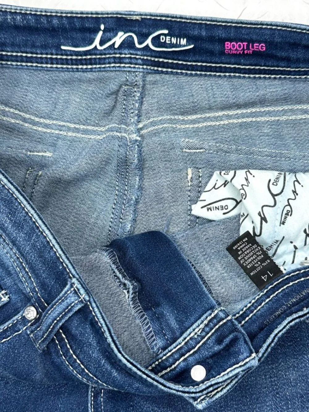 INC Bootcut Curvy Fit Jeans, Size 14 Boho Western Rhinestone Rivets Whiskered - Picture 6 of 7